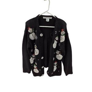 Victoria Jones Women's Button Up Cardigan Sweater Beaded Snowman Black Size S